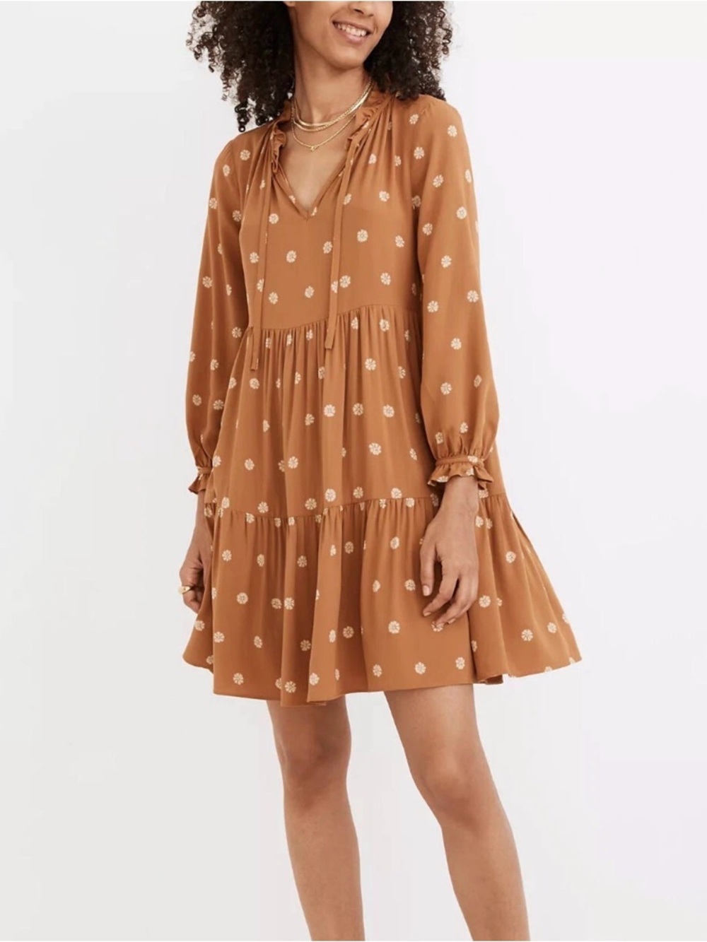 Madewell Mini Dress Womens XS Warm Hickory Bloom Dot Floral Tiered  A-Line Boho